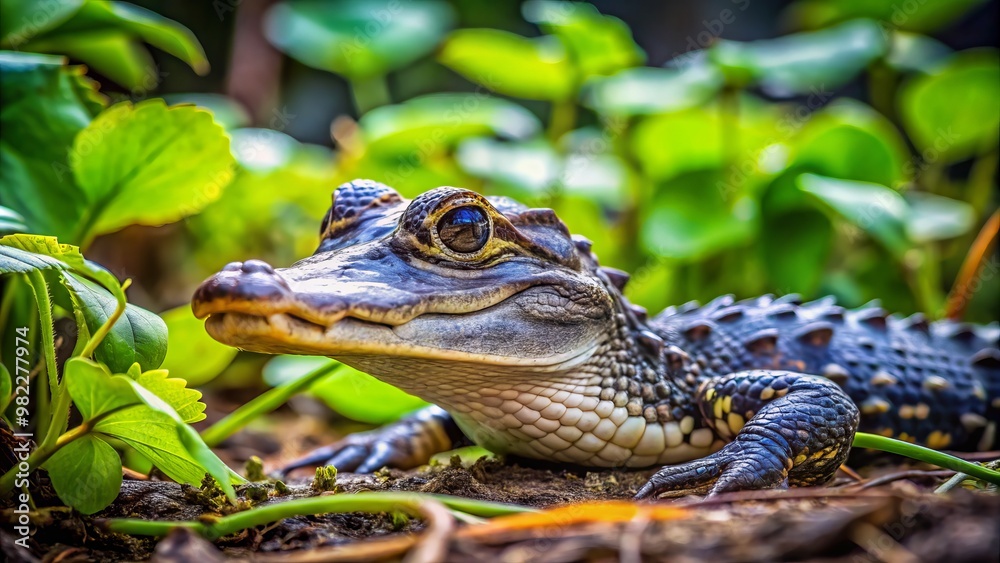 A tiny alligator basks on the earth, surrounded by lush green foliage, its scaly body blending seamlessly into A tiny alligator basks on the earth, surrounded by lush green foliage, its scaly body blending seamlessly into