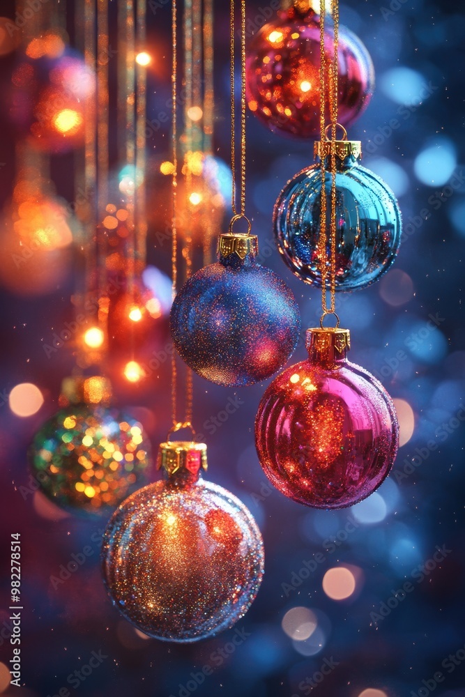 Fototapeta premium holiday home decor, festive garland adorned with colorful christmas ornaments and twinkling lights, making it ideal for holiday-themed advertisements and banners