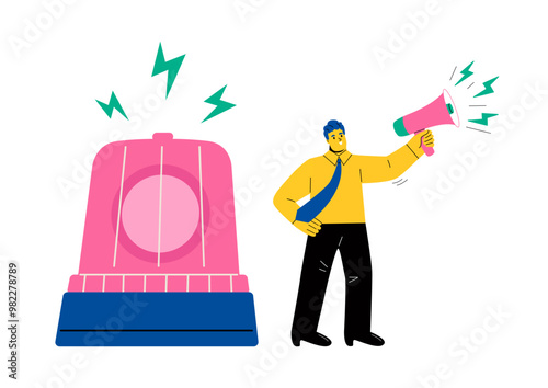 Business man with megaphone giving instructions about current state of emergency. Flat vector illustration isolated on white background