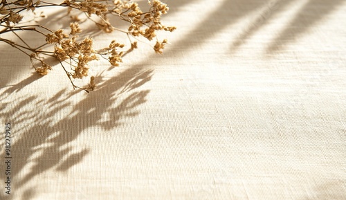The shadow of dried flowers softly graces the beige linen fabric in light