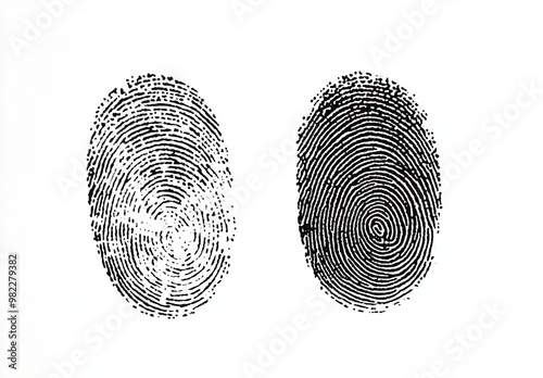 Isolated black and white fingerprints displaying biometric identification for forensic purposes