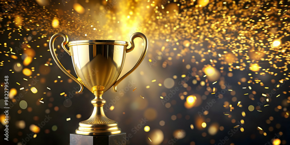 Golden trophy cup with flying confetti in the background, achievement, success, celebration, victory, award, trophy Golden trophy cup with flying confetti in the background, achievement, success, celebration, victory, award, trophy