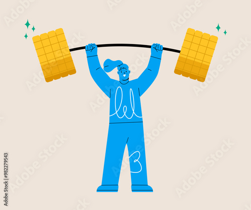 Fundraising concept. Confident woman holding up big money coins. Colorful vector illustration