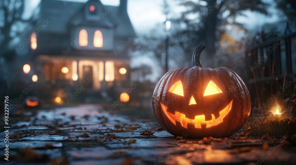 Halloween pumpkin with candlelight in front of a haunted house background, Halloween pumpkin with candlelight in front of a haunted house background,
