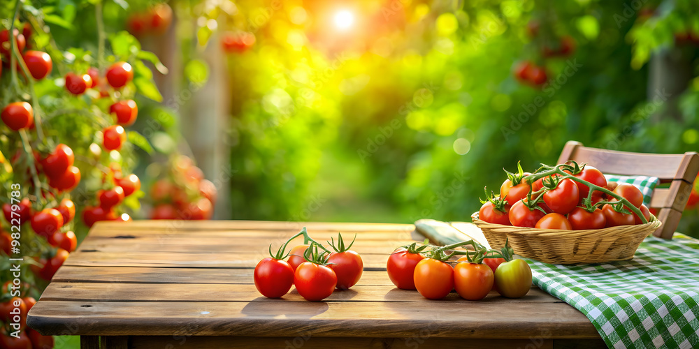 An empty outdoor table with red tomatoes in a field , fresh, organic, agriculture, produce, harvest, farm, natural, garden An empty outdoor table with red tomatoes in a field , fresh, organic, agriculture, produce, harvest, farm, natural, garden