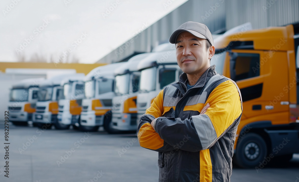 A confident truck driver stands in front of a fleet of yellow trucks, showcasing professionalism in a transportation yard.