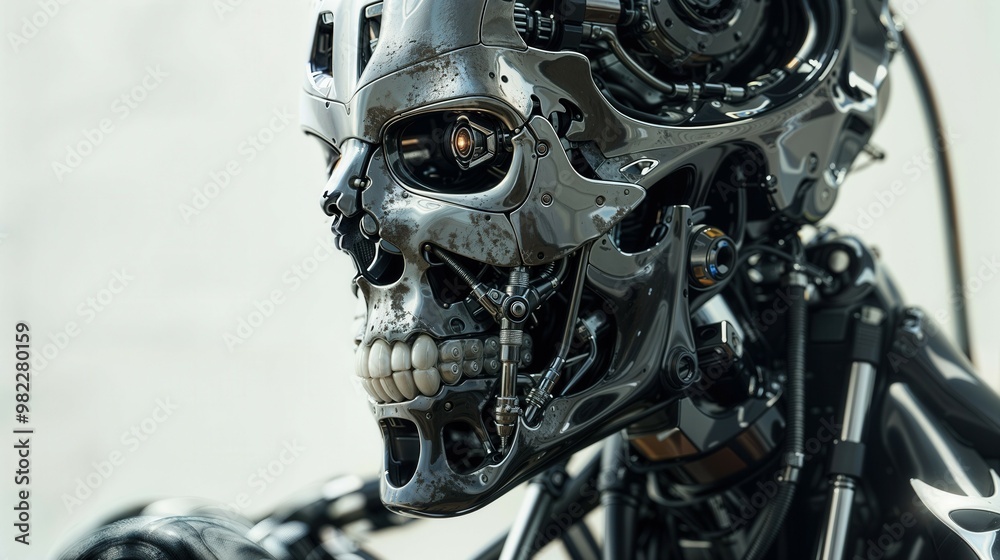 Close up of a robot that has a skull placed on its head, giving it a unique and intriguing appearance Close up of a robot that has a skull placed on its head, giving it a unique and intriguing appearance