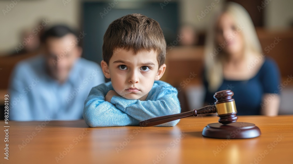 Cute child and mother at table with gavel of judge blurred in background, family law concept Cute child and mother at table with gavel of judge blurred in background, family law concept