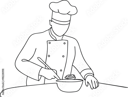 Professional Chef Cooking Line Art Illustrations - Minimalist Vector Designs for Culinary Projects, Restaurant Branding, Recipe Books, and Kitchen-Themed Graphics Featuring Elegant Food Preparation Sc