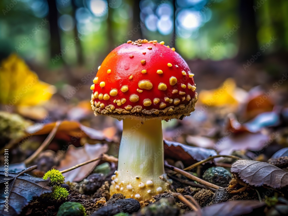 The striking red cap and abundant yellow warts of the egg mushroom emerge vividly against the somber, shaded The striking red cap and abundant yellow warts of the egg mushroom emerge vividly against the somber, shaded