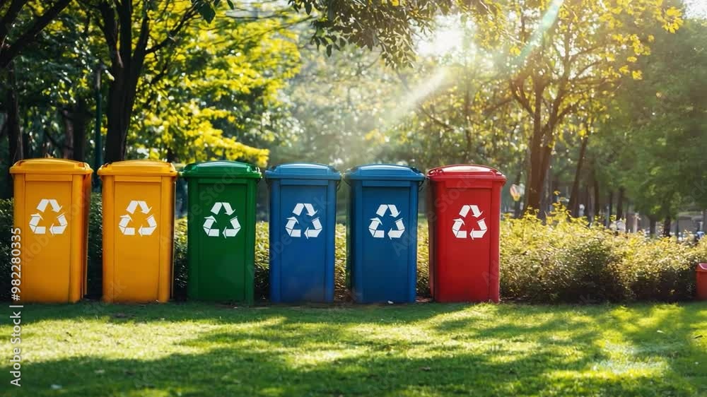 Recycling bins in yellow, green, blue, and red with recycling symbols ...