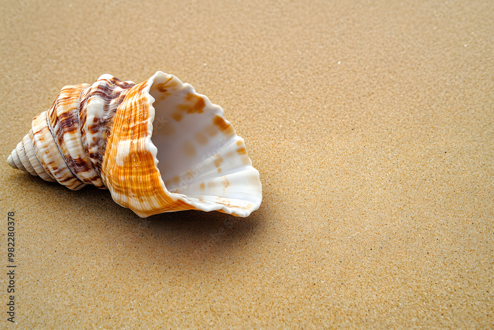 A seashell rests on the sandy beach, whispering tales of the ocean's vastness A seashell rests on the sandy beach, whispering tales of the ocean's vastness