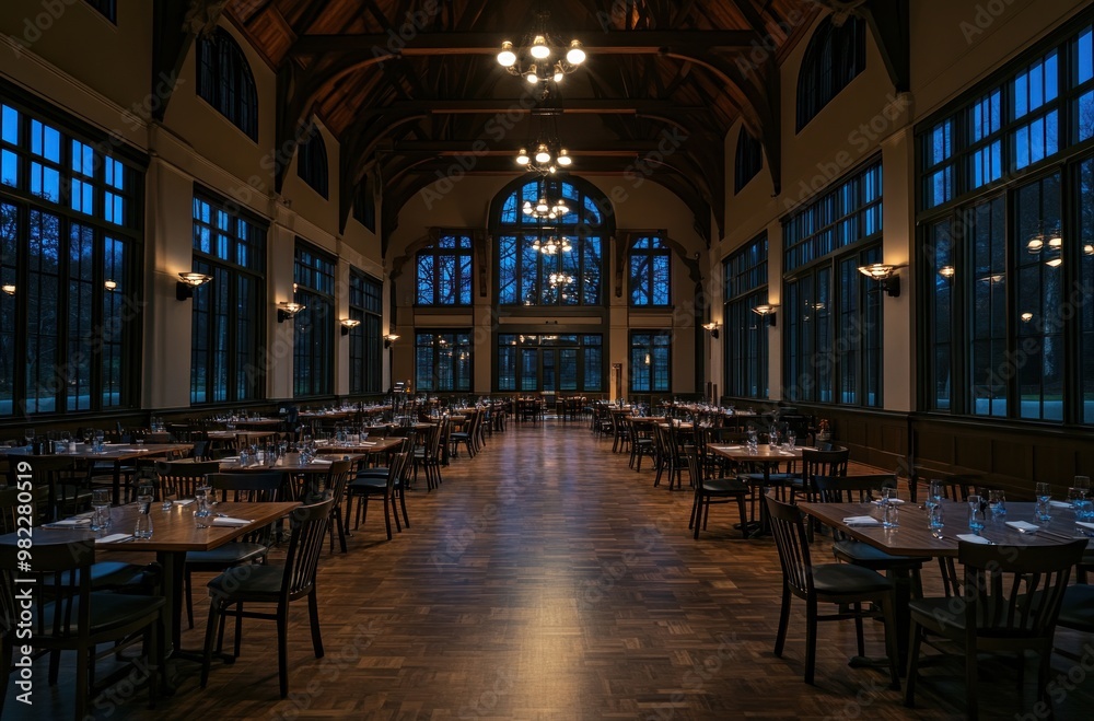 Elegant Dining Hall with Large Windows Elegant Dining Hall with Large Windows
