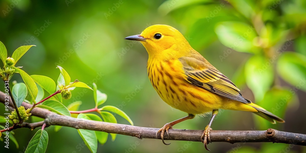 Obraz premium A vibrant yellow songbird rests serenely on a branch lined with lush green leaves, its earthy tone complemented