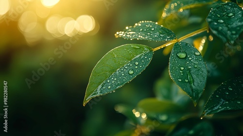 Close-up of Dew-Covered Green Leaves with Sunlight Filtering Through