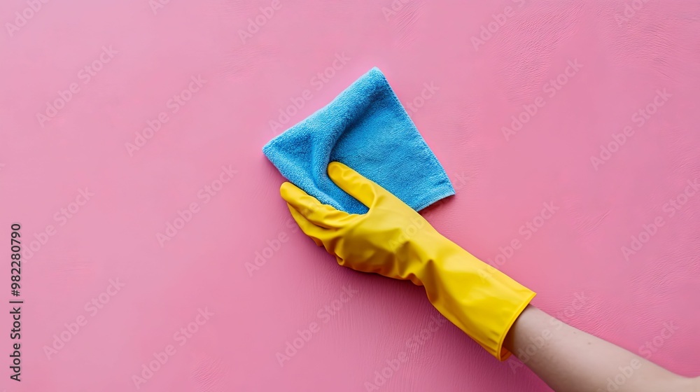 A Hand in a Yellow Glove Wiping a Pink Surface with a Blue Cloth A Hand in a Yellow Glove Wiping a Pink Surface with a Blue Cloth
