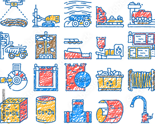 copper production industry metal doodle icons set vector. sketch line art equipment technology, factory manufacture, industrial process, construction production industry metal color illustrations