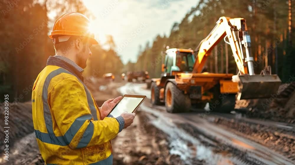 A civil engineering expert at a construction site is monitoring development using a tablet computer to make sure the project is proceeding as planned and according to the specifications.