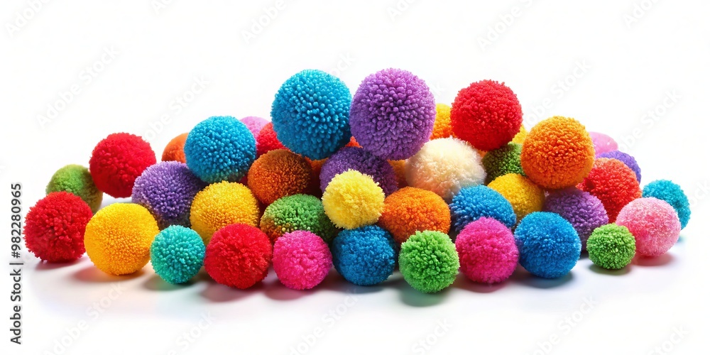 A whimsical arrangement of pom pom balls in a spectrum of hues, suspended against a clean white backdrop, A whimsical arrangement of pom pom balls in a spectrum of hues, suspended against a clean white backdrop,