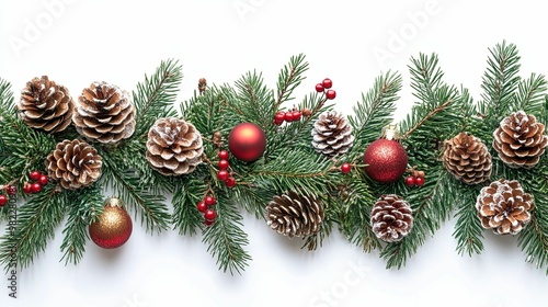 Festive Christmas Border with Pine Cones, Berries, and Ornaments