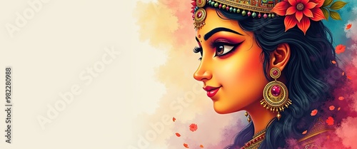 Close-up watercolor of Goddess Durga adorned with vibrant traditional ornaments for Durga Ashtami for Banner or Background  photo