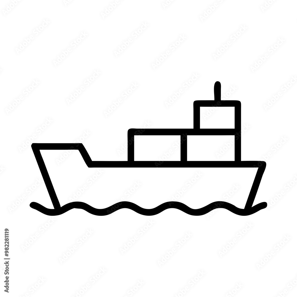 Outlined container ship icon, black and white, global maritime transportation Outlined container ship icon, black and white, global maritime transportation