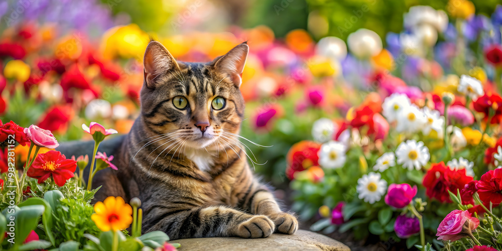 Fototapeta premium Cat lounging in a vibrant garden filled with colorful flowers , cat, garden, flowers, nature, pet, feline, relaxation