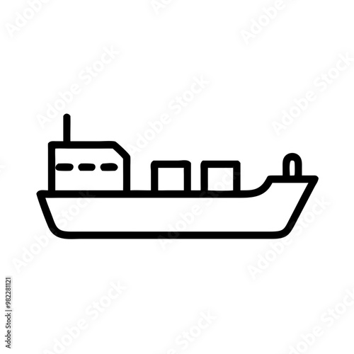 Minimal cargo ship icon, black and white, maritime transportation design