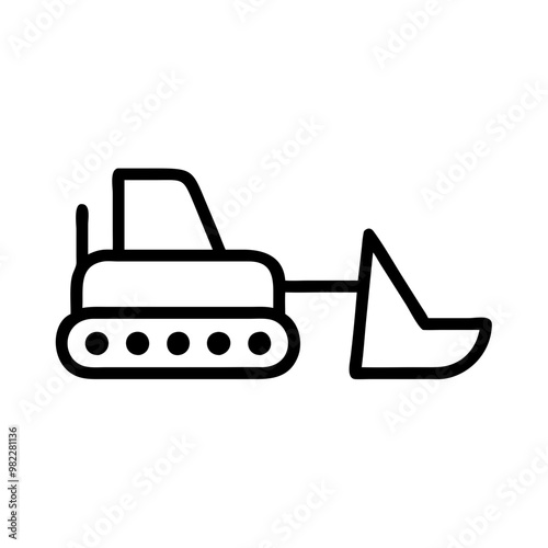 Minimal bulldozer icon, black and white, construction equipment design