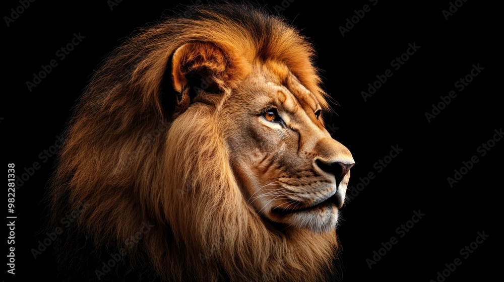 Majestic Lion Portrait Against Black Background Majestic Lion Portrait Against Black Background