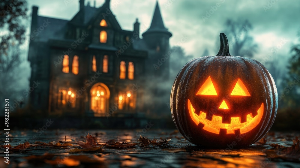 Halloween pumpkin with candlelight in front of a haunted house background, Halloween pumpkin with candlelight in front of a haunted house background,