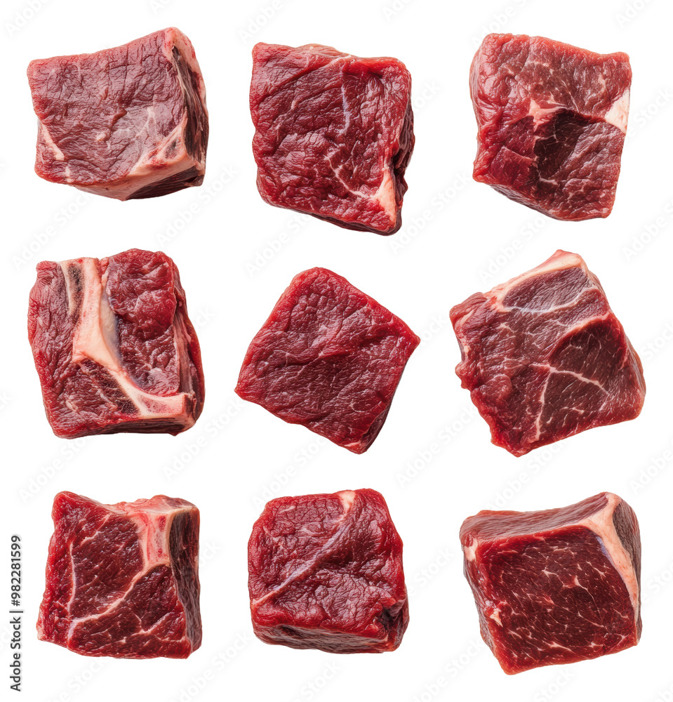 PNG Fresh cuts of beef arranged in a grid pattern PNG Fresh cuts of beef arranged in a grid pattern
