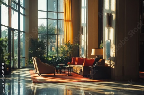 Sunlight Streaming Through Large Windows In A Luxurious Hotel Lobby