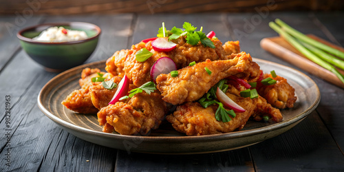 Delicious and crispy Korean fried chicken served with a side of pickled radish , Korean, fried, chicken, crispy, delicious, food, Asian