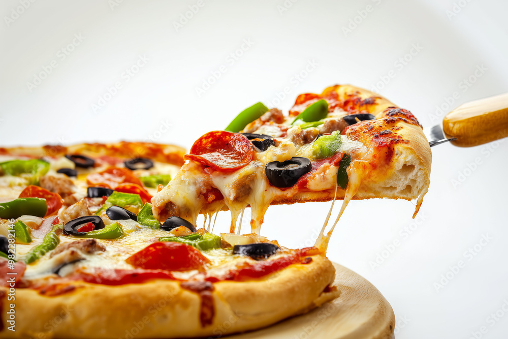 Slice of pizza with pepperoni, olives, green bell peppers, and melted cheese being lifted from a whole pizza on a wooden board. Food photography for design and print