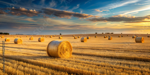 Hay bales scattered in a vast field, agriculture, rural, landscape, farm, countryside, harvest, straw, autumn