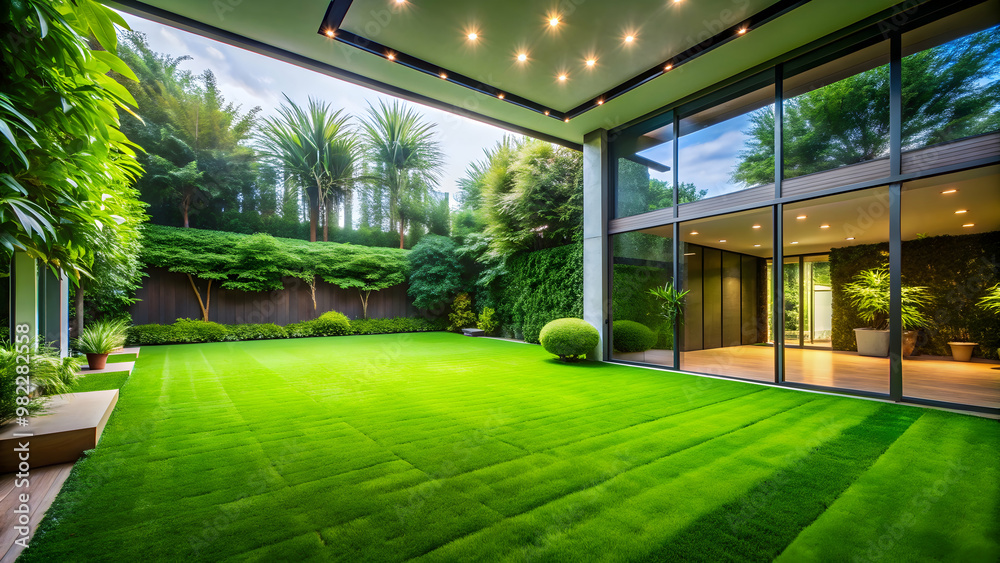 Beautifully designed interior of a lush green lawn, interior, lawn, beautiful, design, decor, green, plant, furniture