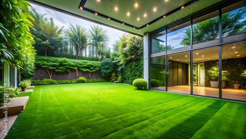 Beautifully designed interior of a lush green lawn, interior, lawn, beautiful, design, decor, green, plant, furniture