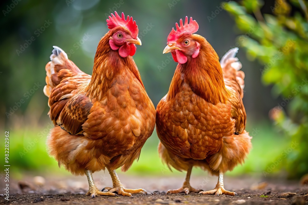 Fototapeta premium Two red hens face each other, their feathers ruffled in a playful standoff, their bright eyes locked in