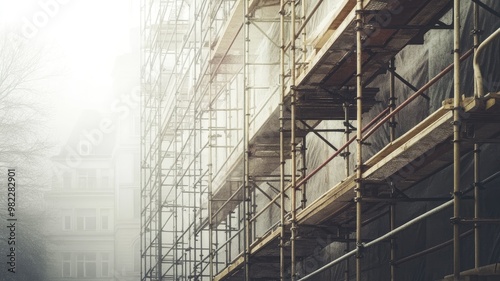 Construction site with scaffolding in foggy weather