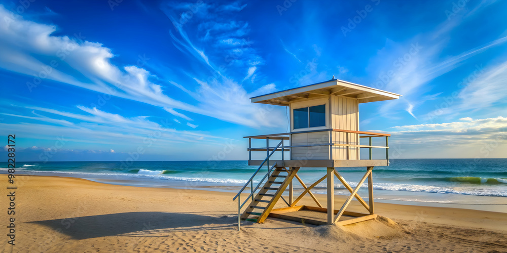 Beach lifeguard tower overlooking the ocean under a blue sky, beach, lifeguard, tower, ocean, blue sky, coast, safety Beach lifeguard tower overlooking the ocean under a blue sky, beach, lifeguard, tower, ocean, blue sky, coast, safety