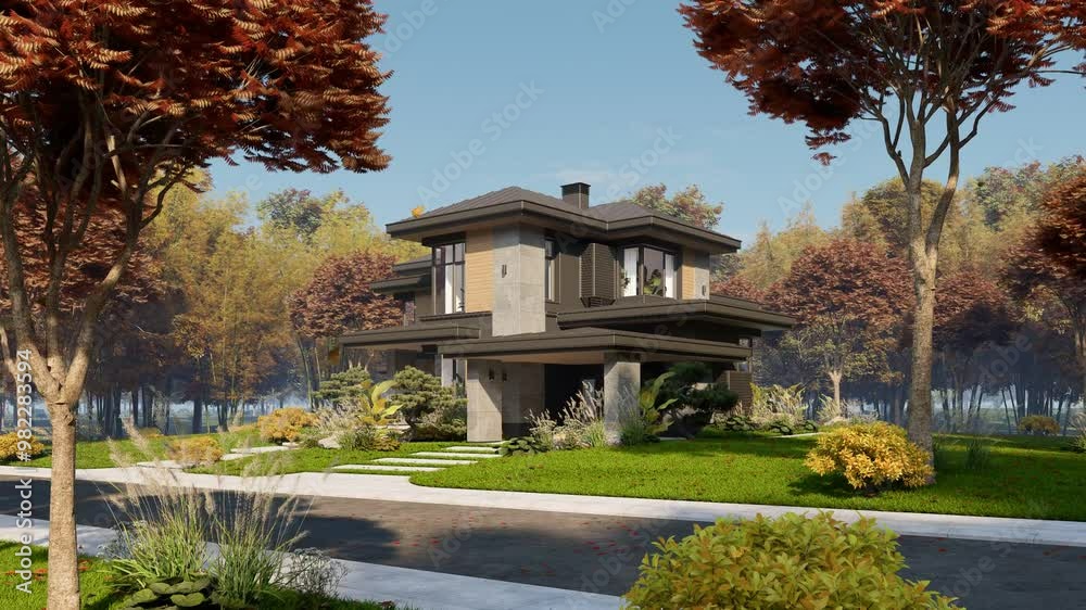 4K video rendering of modern two story house with gray and wood accents, large windows for sale or rent in luxurious style Clear sunny autumn day with golden leaves anywhere 4K video rendering of modern two story house with gray and wood accents, large windows for sale or rent in luxurious style Clear sunny autumn day with golden leaves anywhere