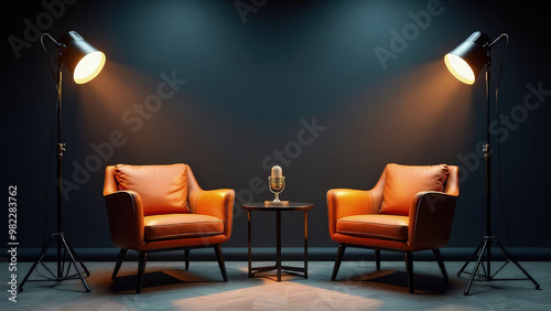 Realistic studio setup with two modern armchairs and professional studio lights, arranged for a podcast interview in a dimly lit room with a dark background