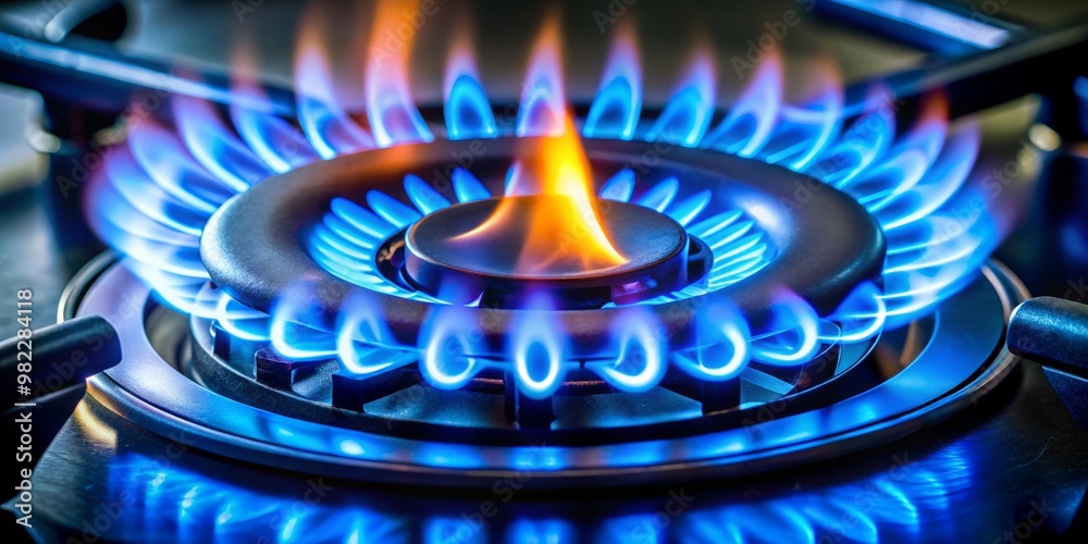 Bright blue flame from a gas stove top burner releasing intense heat Bright blue flame from a gas stove top burner releasing intense heat
