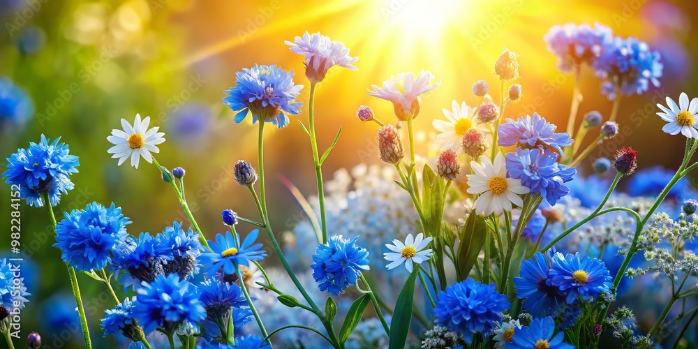 Obraz premium Vibrant blue cornflowers and forget-me-nots bloom serenely against a warm, sunny backdrop, infusing a sense of