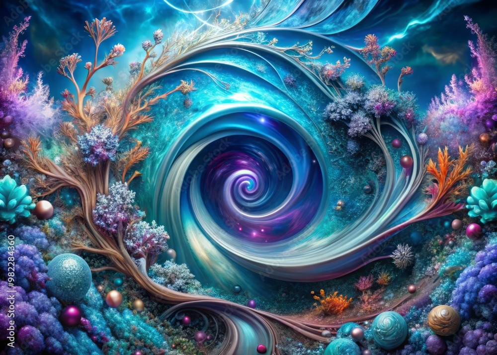 Swirling vortex of iridescent blues, silvers, and purples, with tendrils of turquoise and coral, evoking the mystique of an underwater world. Swirling vortex of iridescent blues, silvers, and purples, with tendrils of turquoise and coral, evoking the mystique of an underwater world.
