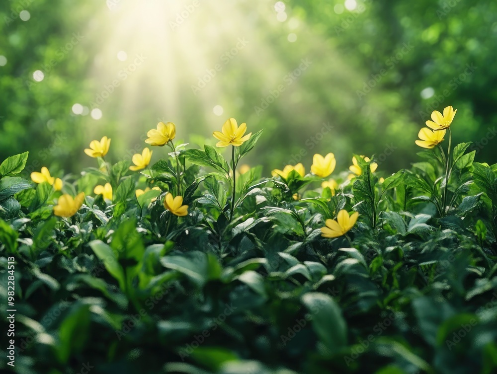 Obraz premium Serene Garden Landscape Sunbeams Dappling Through Mist, Illuminating Blooming Yellow Flowers in a Lush Green Meadow
