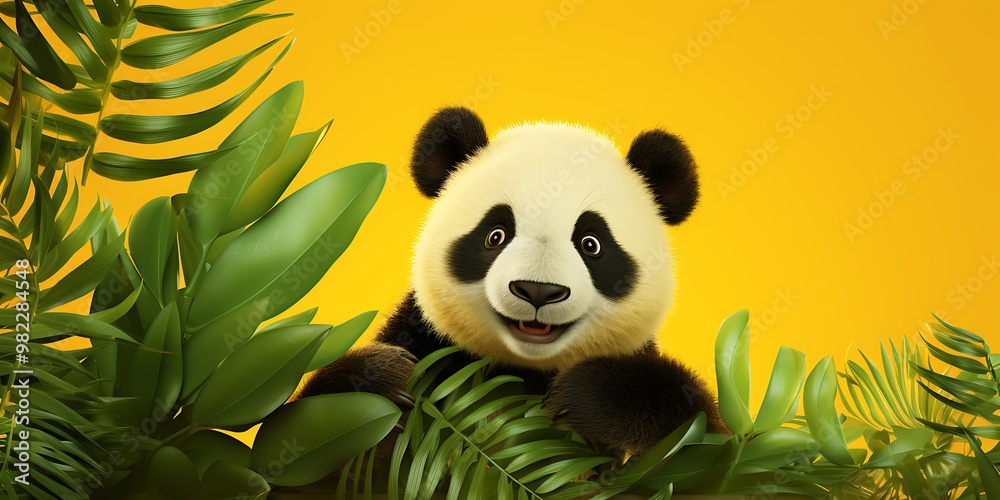 Cute panda sitting among tropical leaves on yellow background, closeup