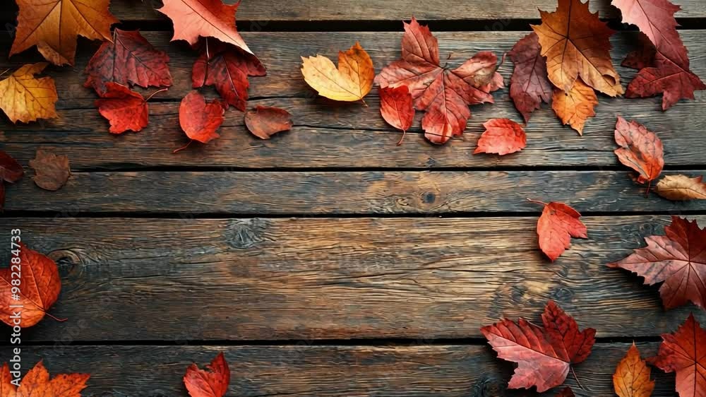 A rustic wooden background with autumn leaves scattered around, evoking a warm and cozy fall atmosphere.