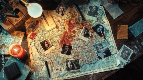 Murder investigation board with bloodstained map, photographs of women, and documents. Detective's desk with evidence of serial killer case. True crime background for a wallpaper photo